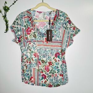Punt Roma Floral Boho Tassel Short Sleeve Blouse NWT